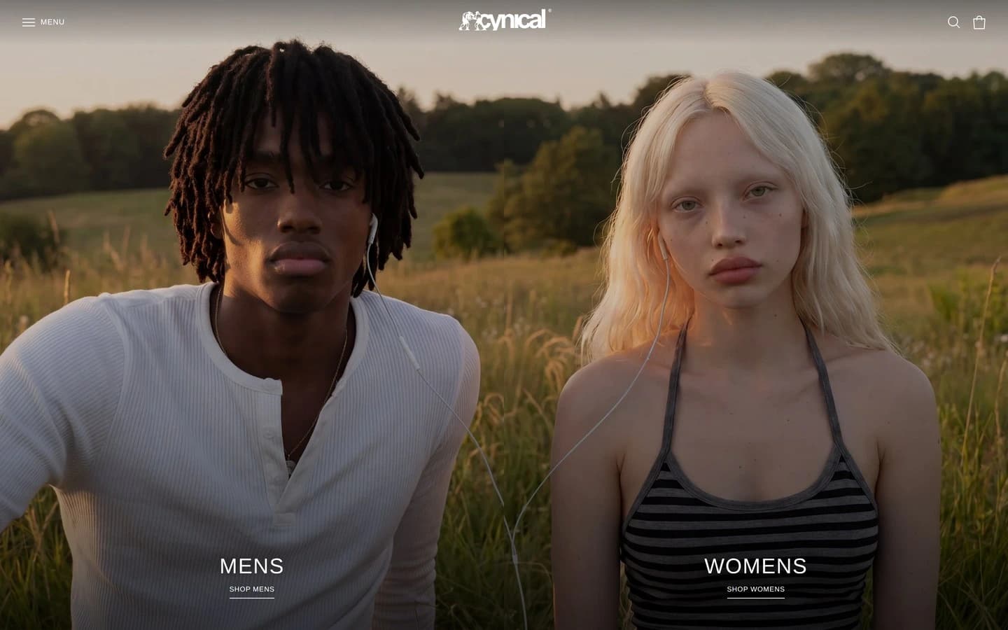 The cynicallondon.com homepage, a full-screen split between Mens and Womens.