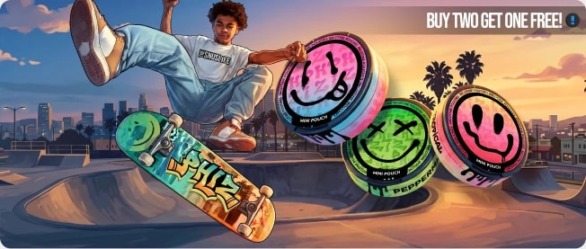PHIZ hero banner: skater mid-air with smiley-face pouches.