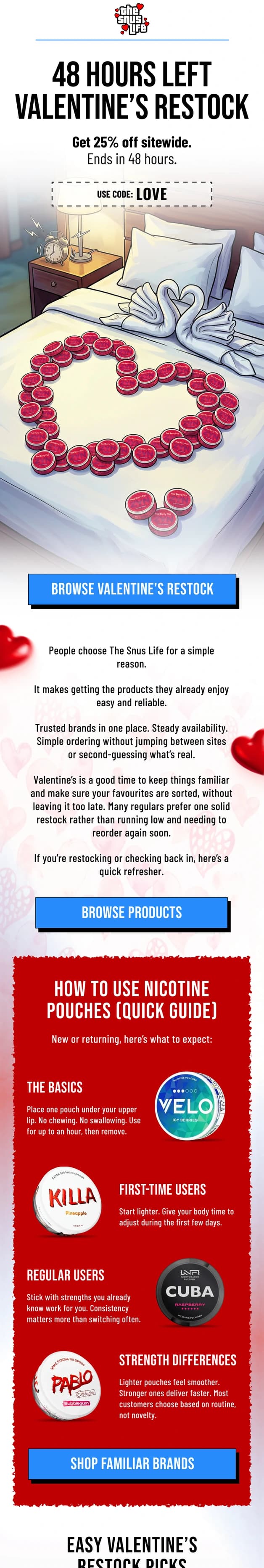 Valentine's Restock email for The Snus Life