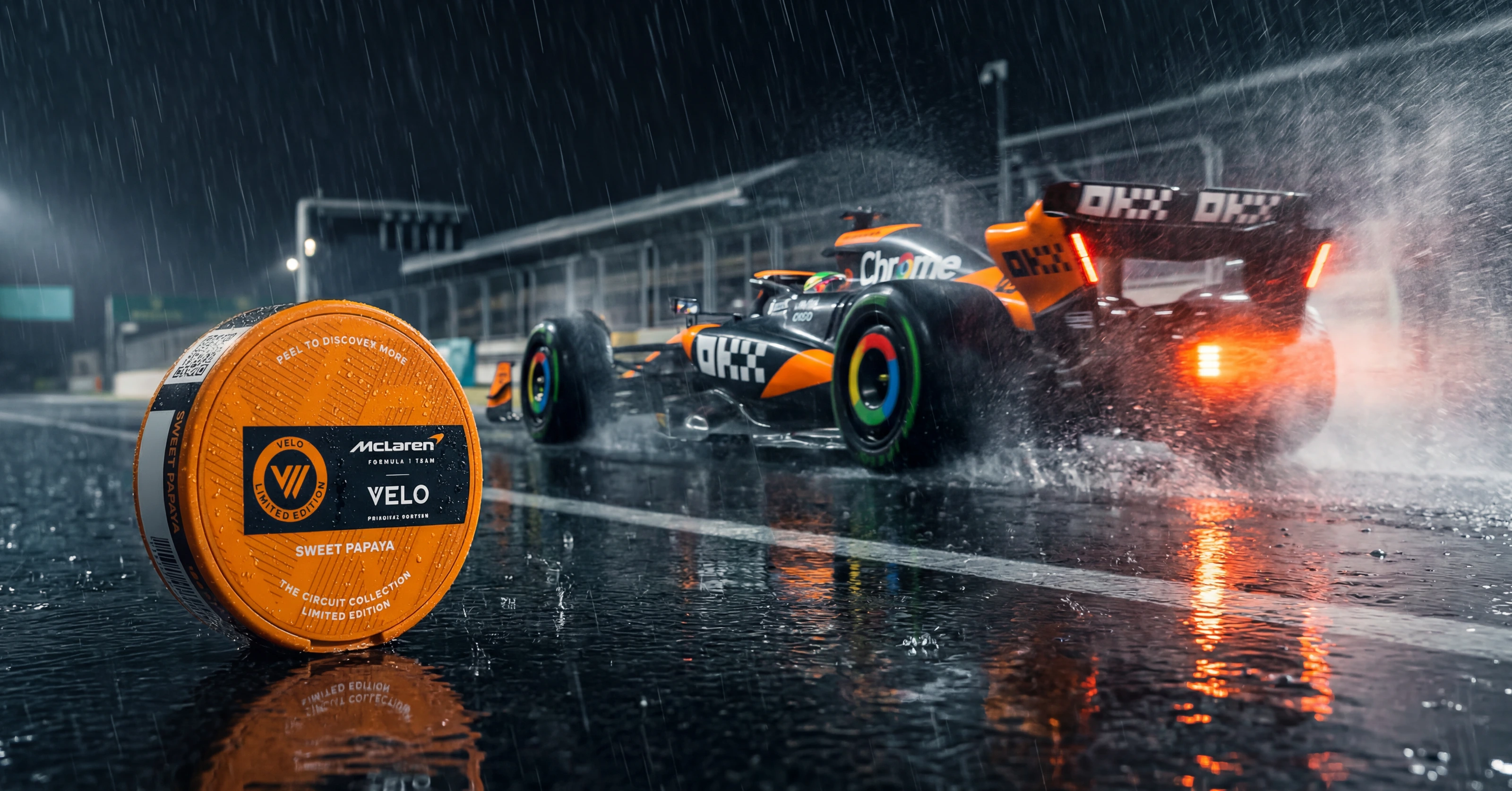 A McLaren Formula 1 car in the wet, McLaren team livery, on a rain-soaked pit lane.
