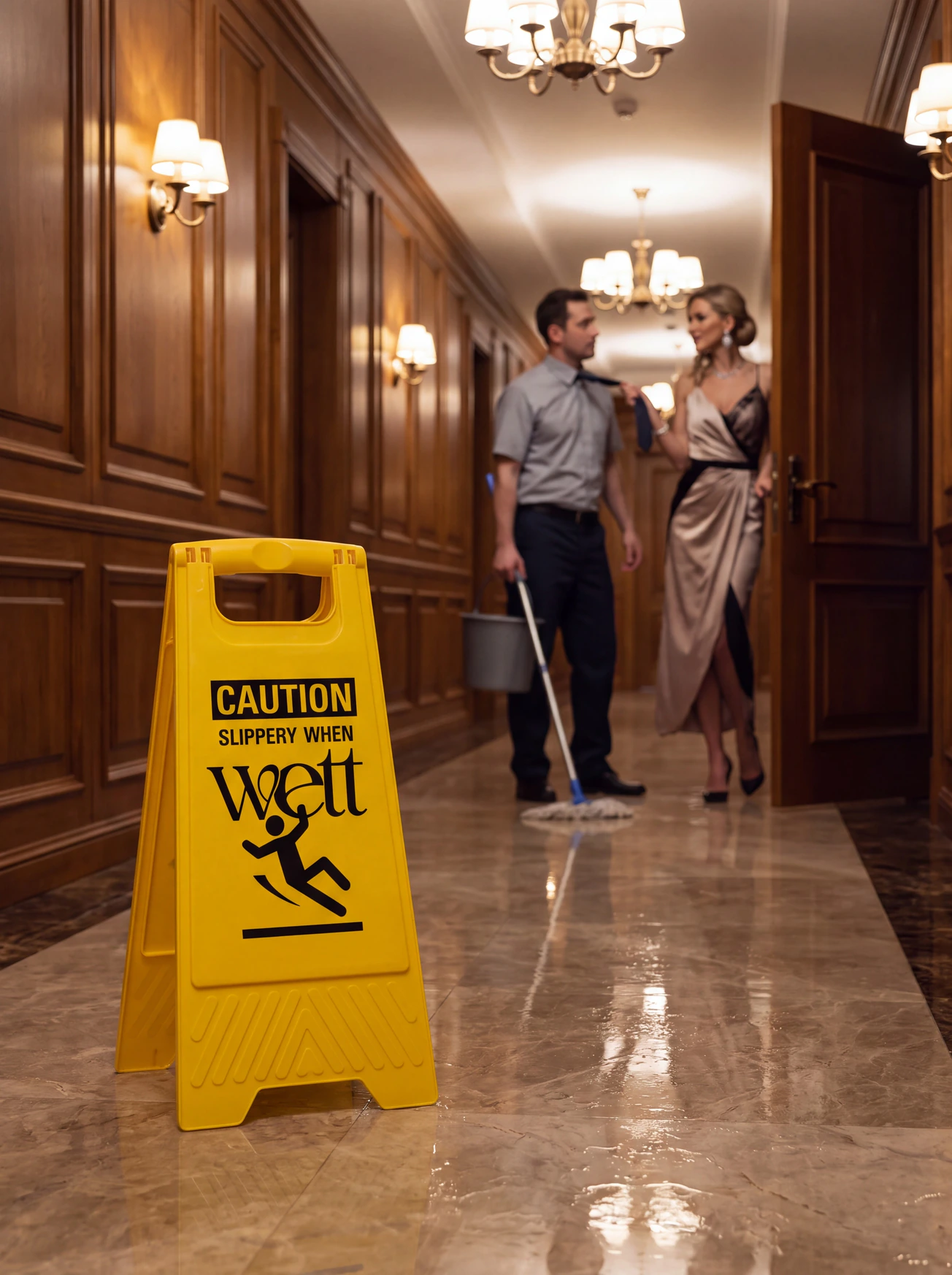 A yellow Wett ‘Caution: slippery when wett’ sign in a hotel corridor.