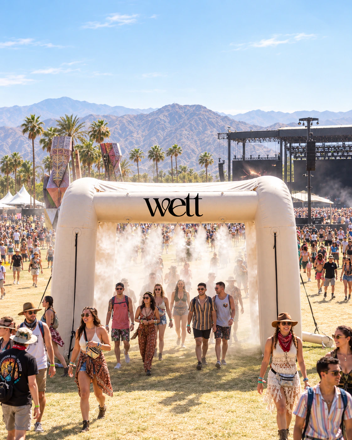 Festival-goers walking through a Wett cool-down mist arch.