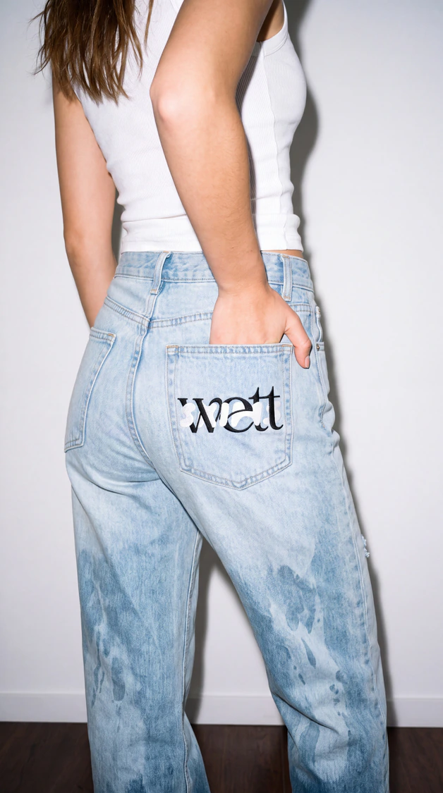 Wet-look jeans with the Wett logo on the back pocket.