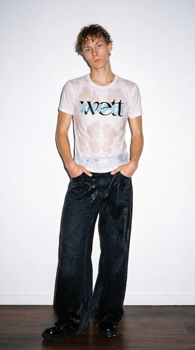 A model in a wet-look Wett t-shirt and wide black jeans.