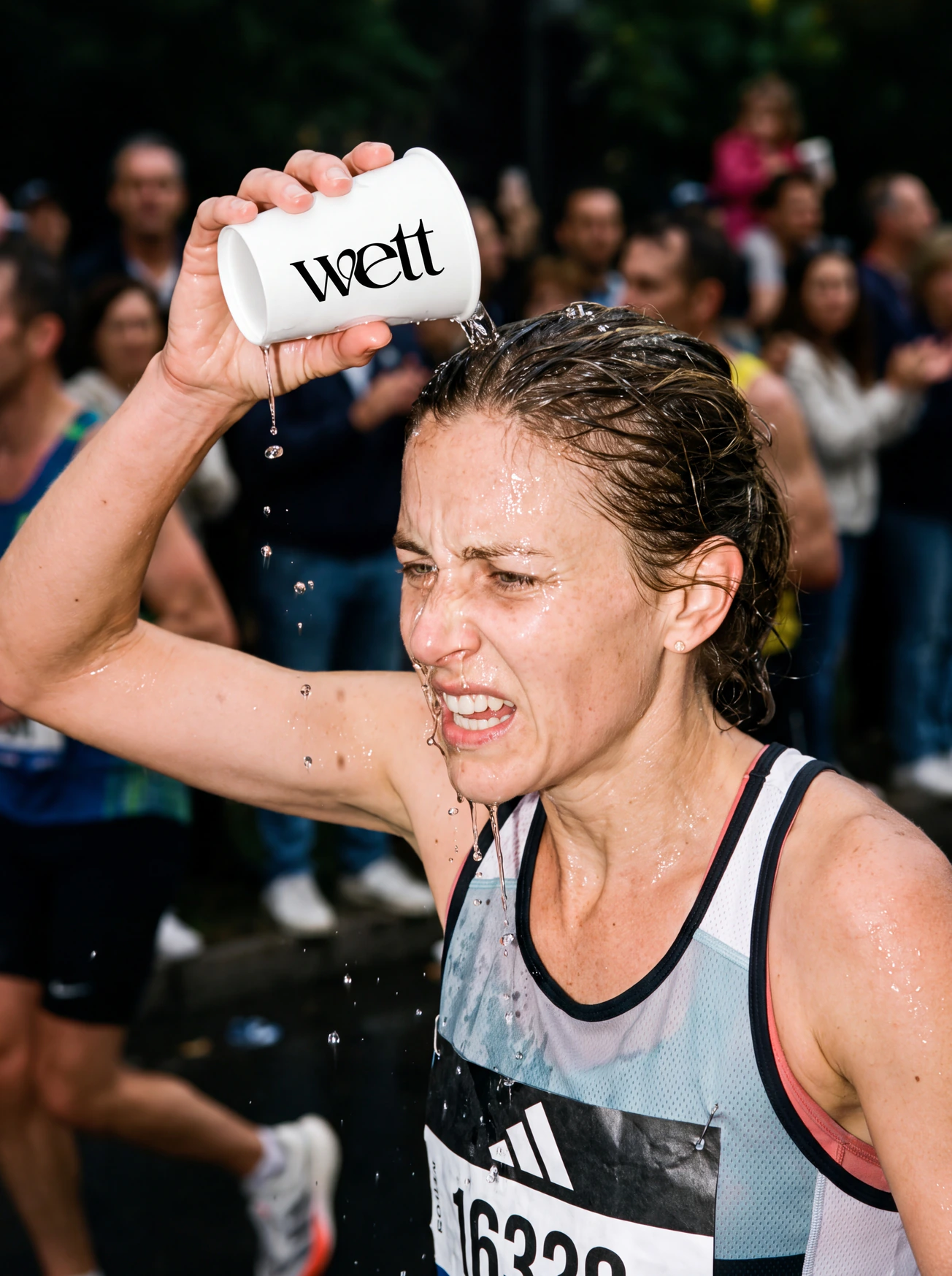 A runner pouring water from a Wett cup over her head mid-race.