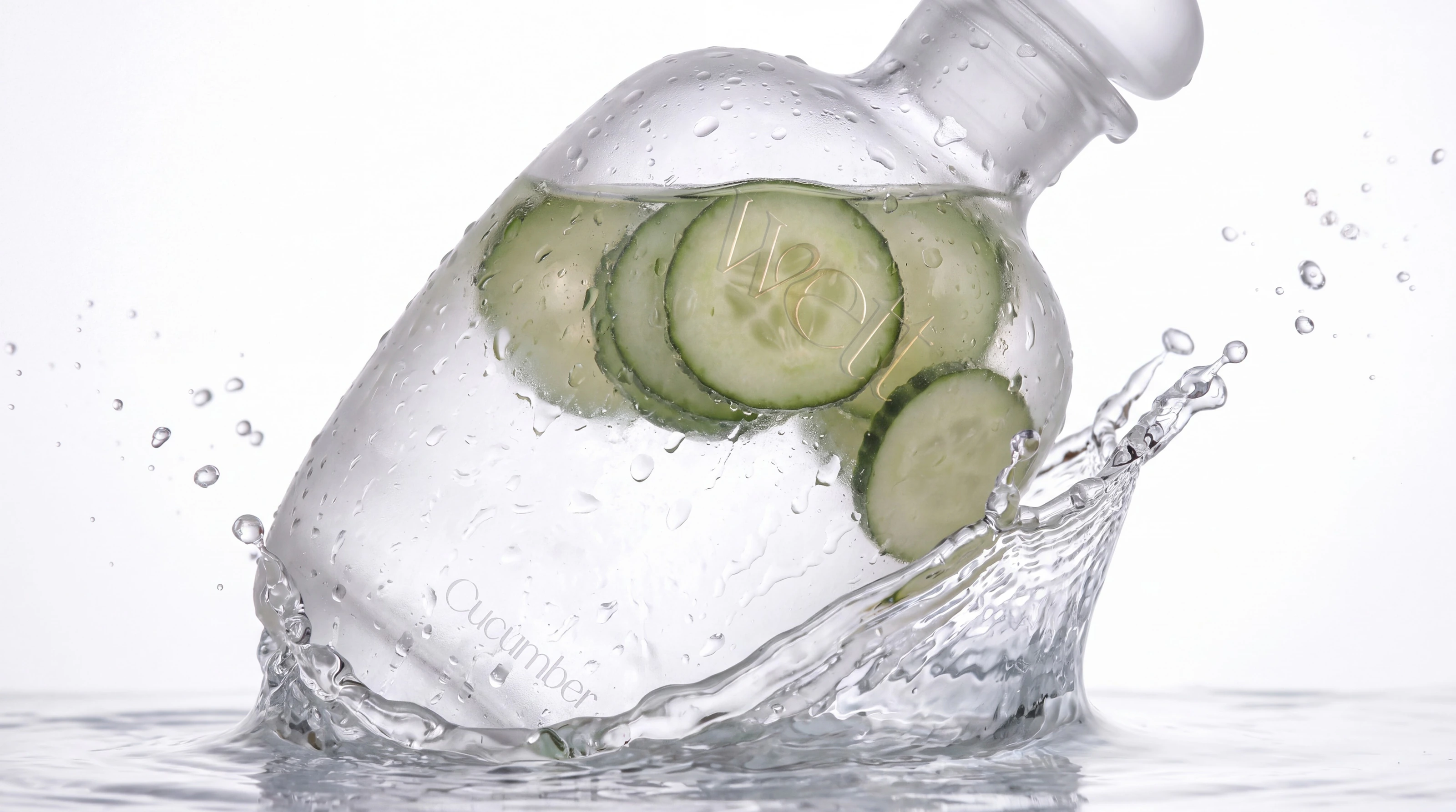 The frosted Wett bottle with cucumber slices inside, splashing into water on a white background.