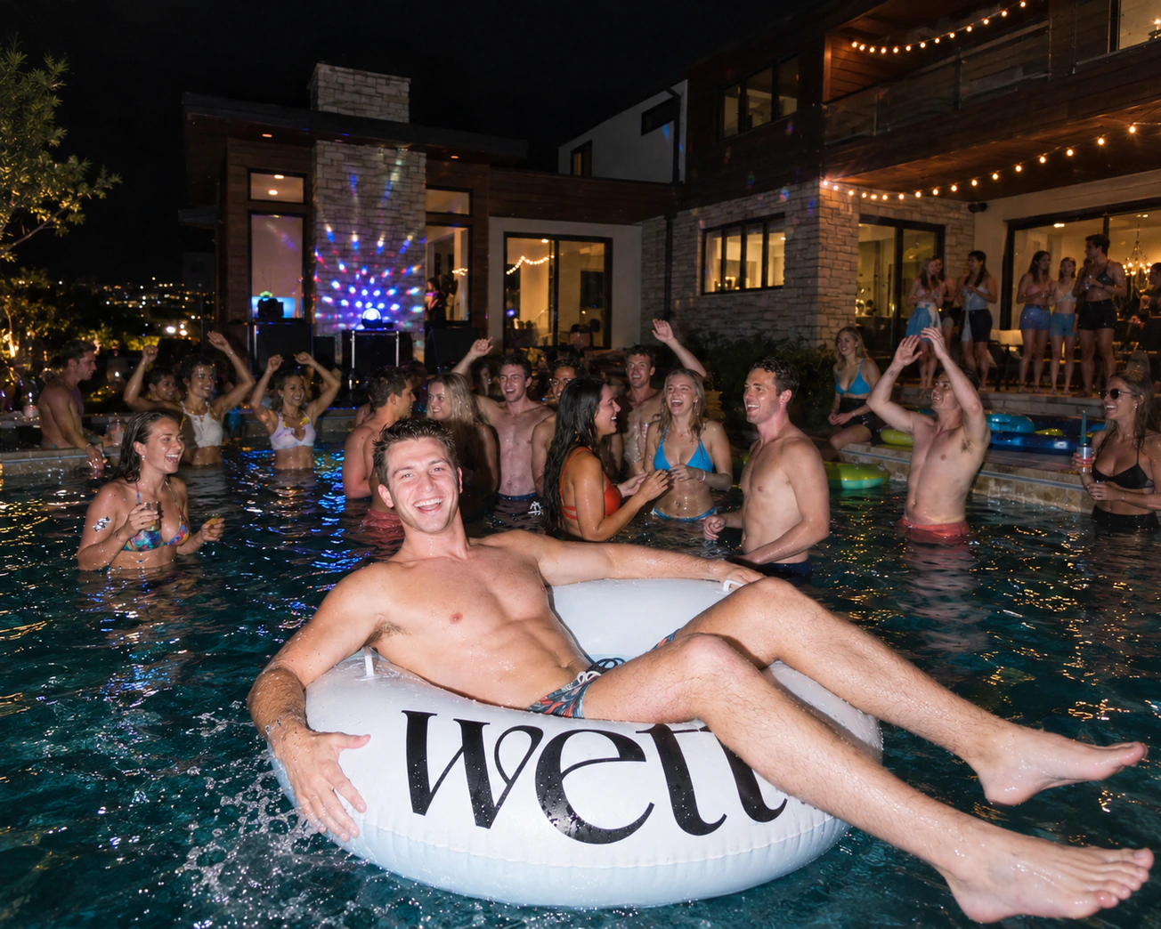 The filled pool at night, a guest lying on a Wett ring float.