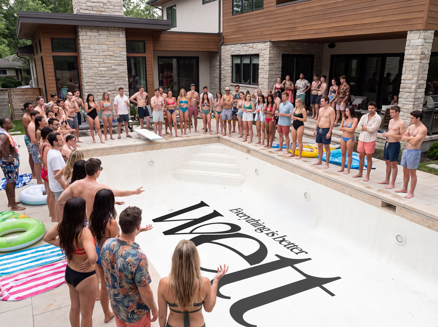 Guests in swimwear standing around an empty pool painted with the Wett logo and ‘Everything is better wet’.