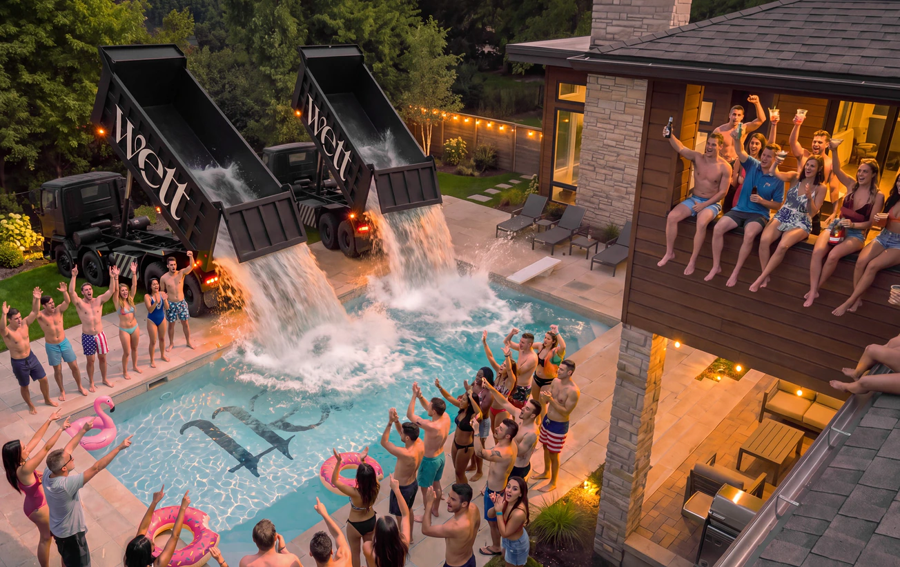 Water pouring from Wett-branded chutes into the pool as the crowd cheers.