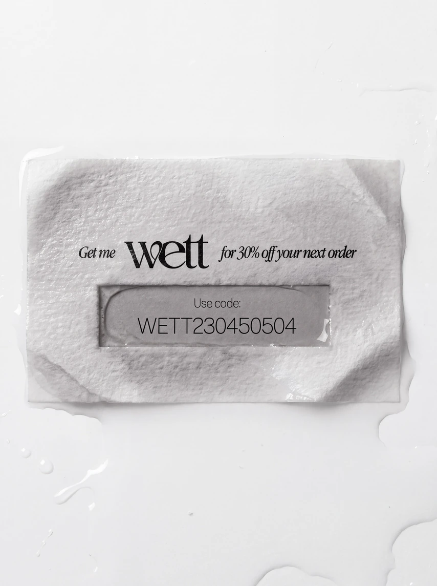 The wet Wett card on a towel, its discount code now showing.