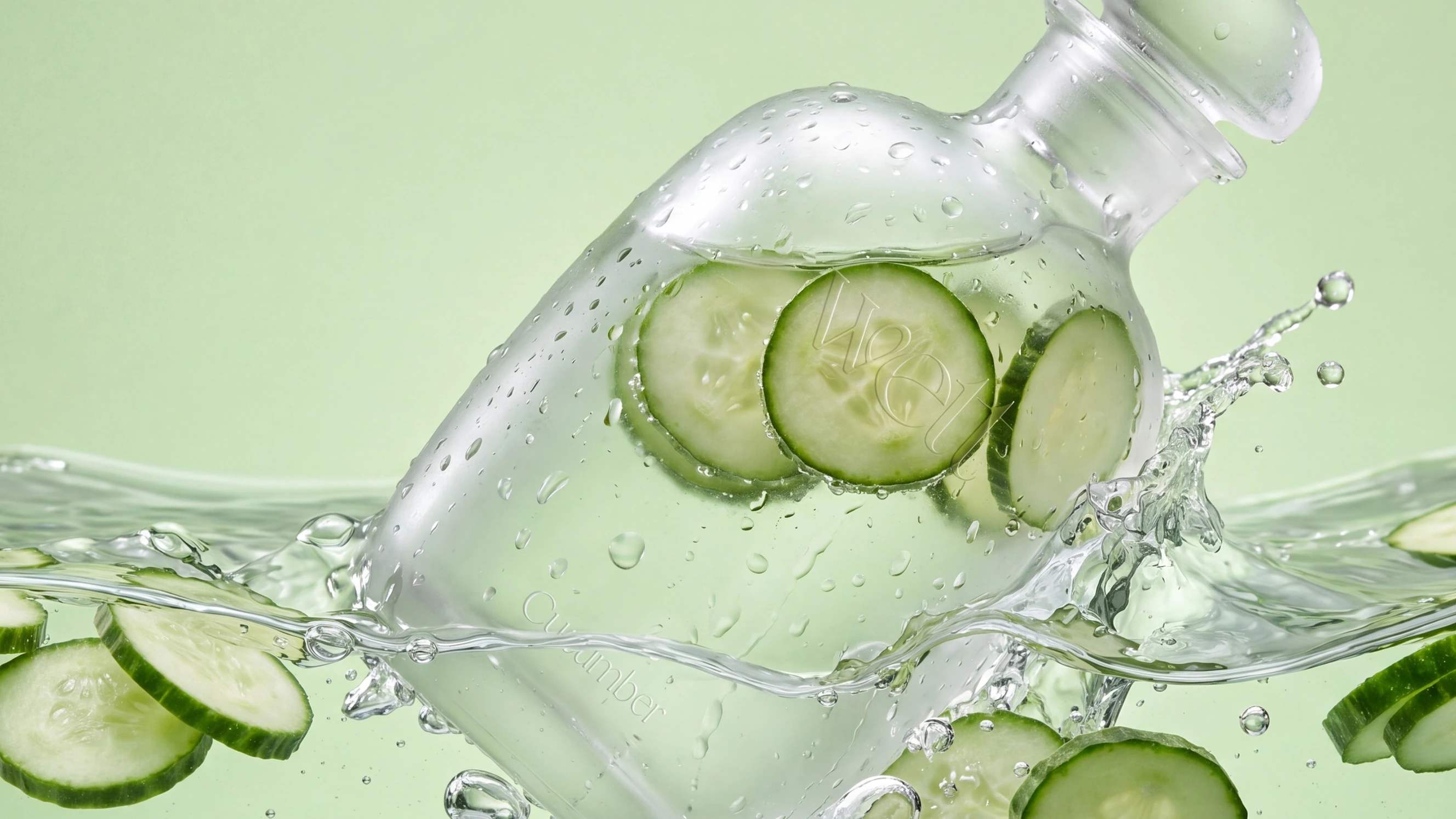 The frosted Wett bottle filled with cucumber slices, splashing into water on a pale green background.