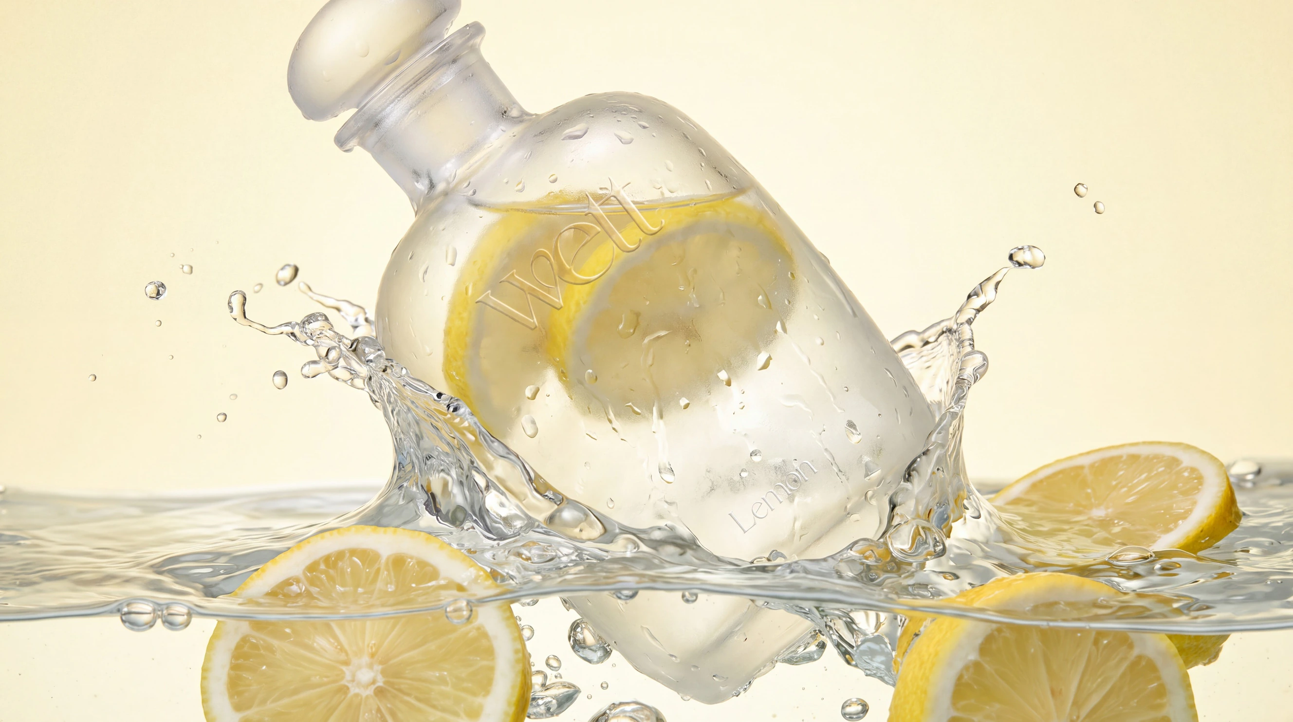 The frosted Wett bottle filled with lemon slices, splashing into water on a pale yellow background.